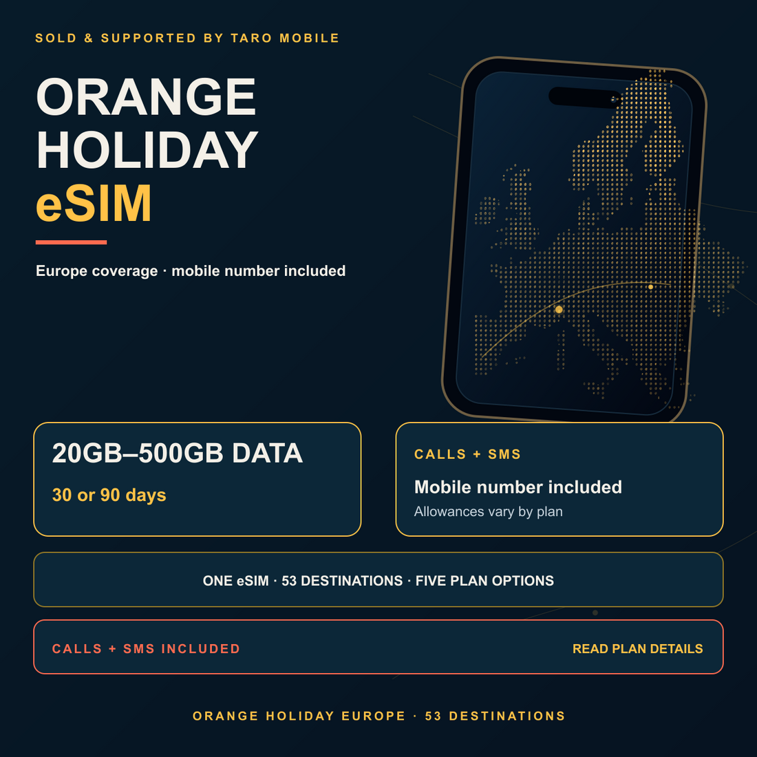 Orange Holiday Europe eSIM overview in Taro Mobile navy gold visual style