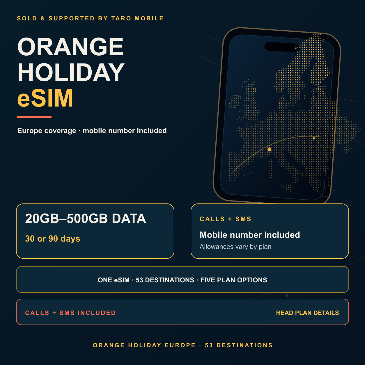 Orange Holiday Europe eSIM overview in Taro Mobile navy gold visual style