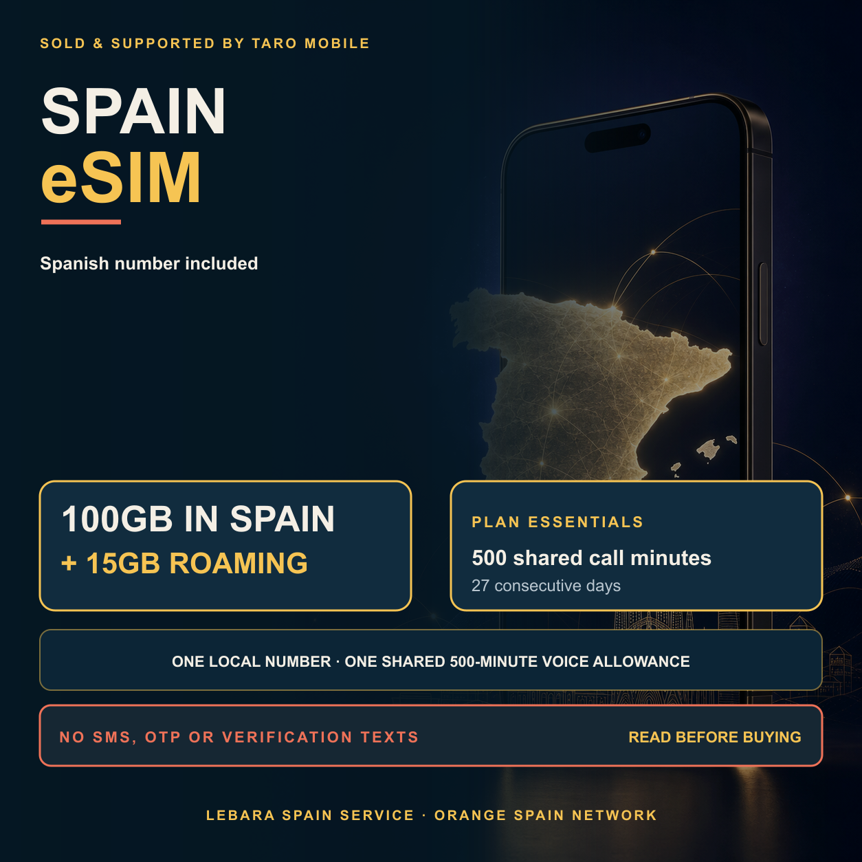 Spain eSIM overview with 100GB in Spain, separate 15GB roaming, Spanish number, 500 shared call minutes and no SMS