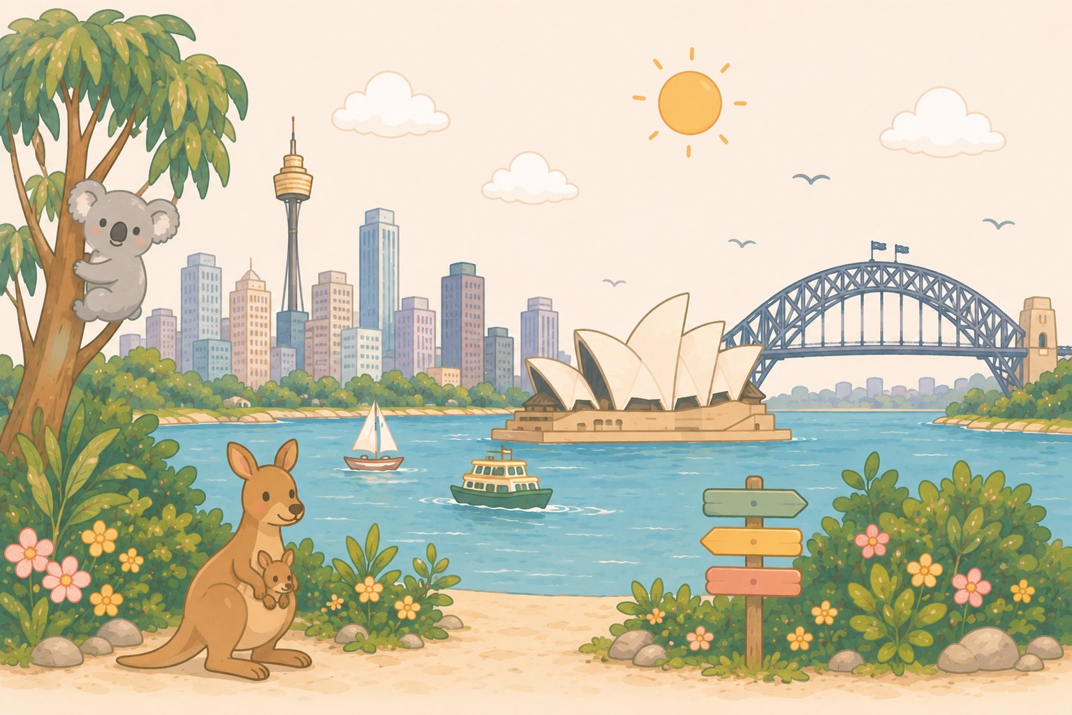 Illustrated Australian scene — Sydney Opera House, Harbour Bridge, a kangaroo and a koala