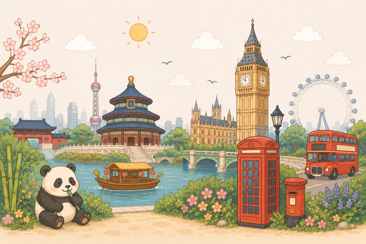 Illustrated China and UK landmarks — Temple of Heaven, Shanghai skyline, a giant panda, Big Ben and a red phone box