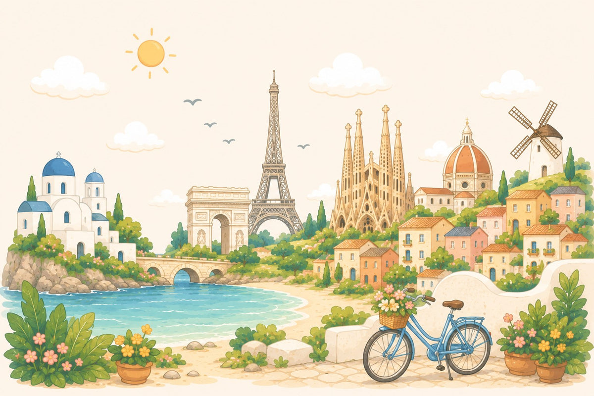 Illustrated European landmarks — Eiffel Tower, Sagrada Família, a Tuscan dome and a Greek island church
