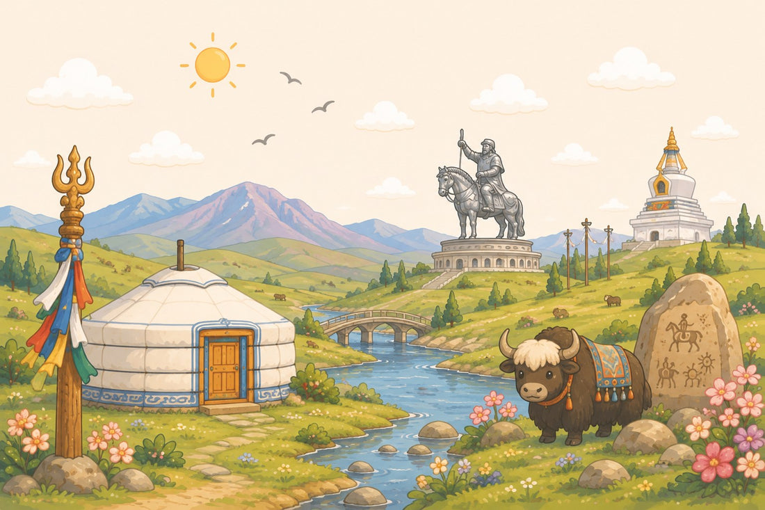 Illustrated Mongolian steppe — a white ger, a yak, a horseback statue and a stupa against distant mountains