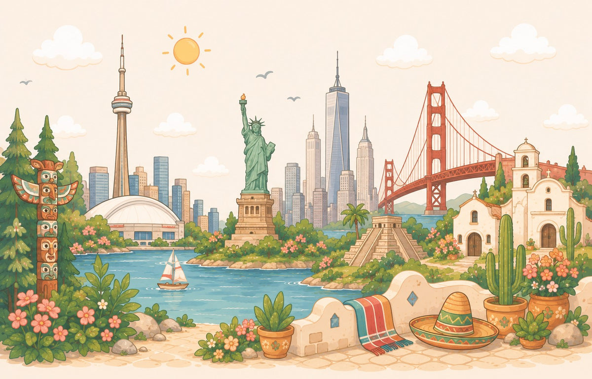 Illustrated USA, Canada and Mexico landmarks — Golden Gate Bridge, Statue of Liberty, CN Tower and a Mexican plaza