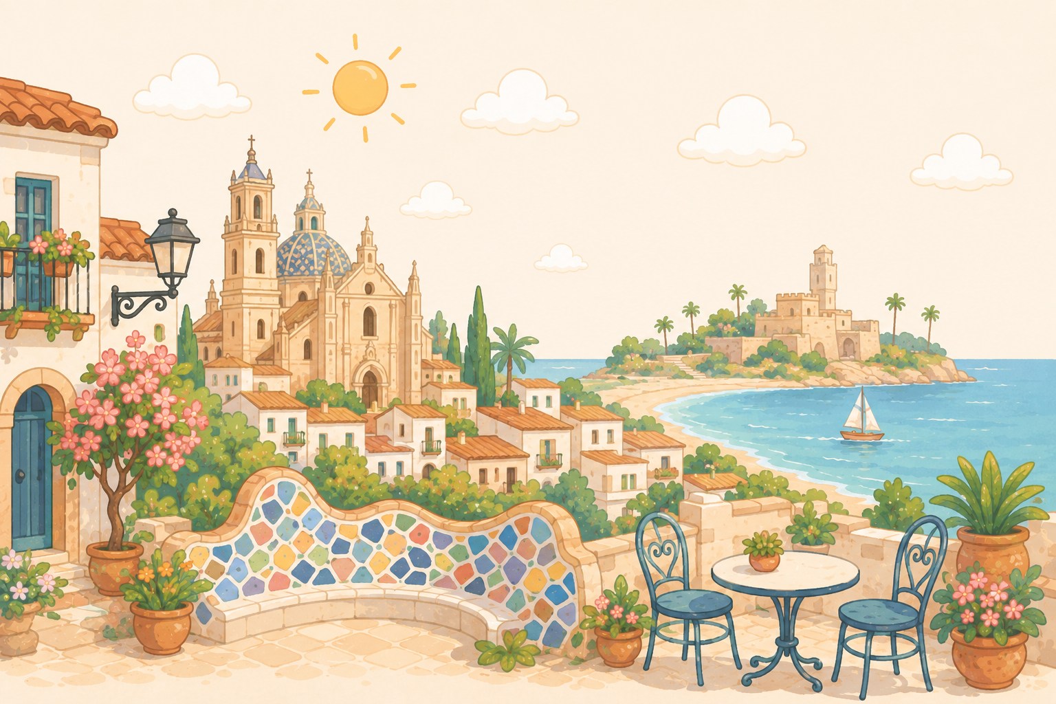 Illustrated Spanish scene — a whitewashed village, cathedral domes, mosaic tilework and a seaside terrace