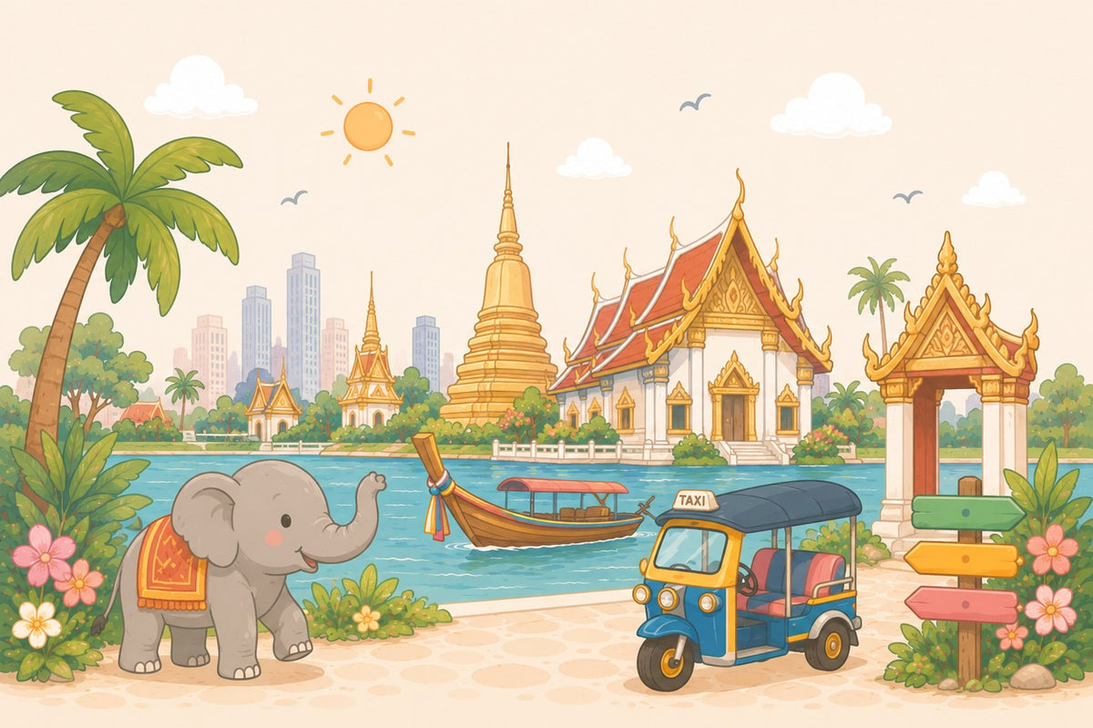 Illustrated Thai scene — golden temple spires, a longtail boat, a tuk-tuk and a decorated elephant