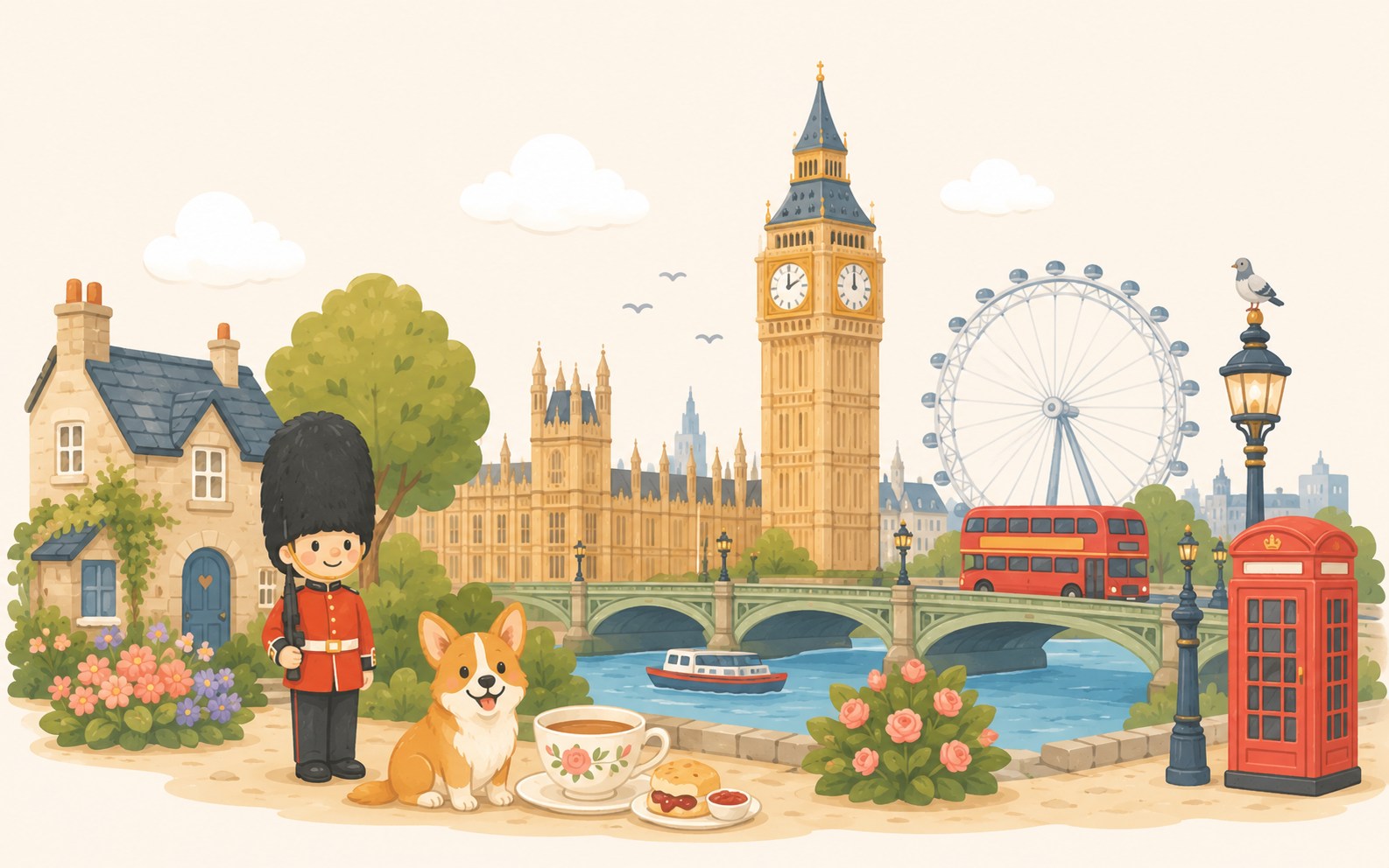 Illustrated London scene — Big Ben, Westminster Bridge, a red double-decker bus, phone box and a corgi