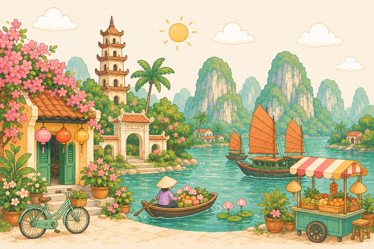 Illustrated Vietnamese scene — limestone karsts over the water, a junk boat and a floating market