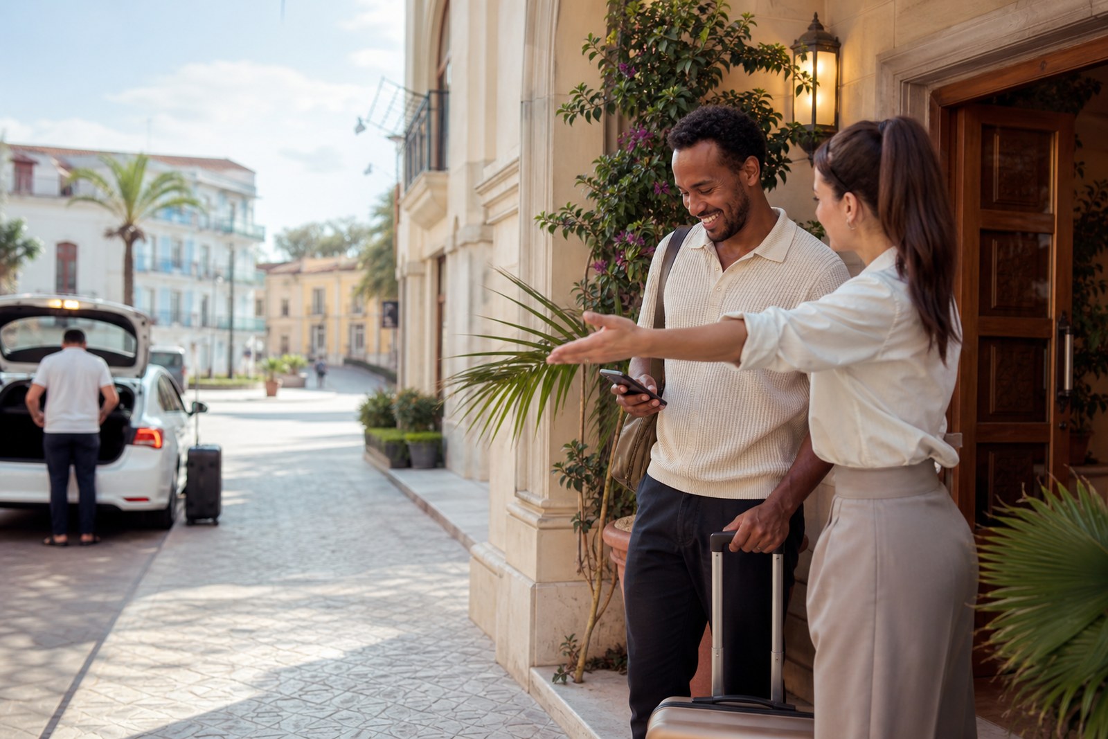 A traveler checks a pickup message outside a hotel.