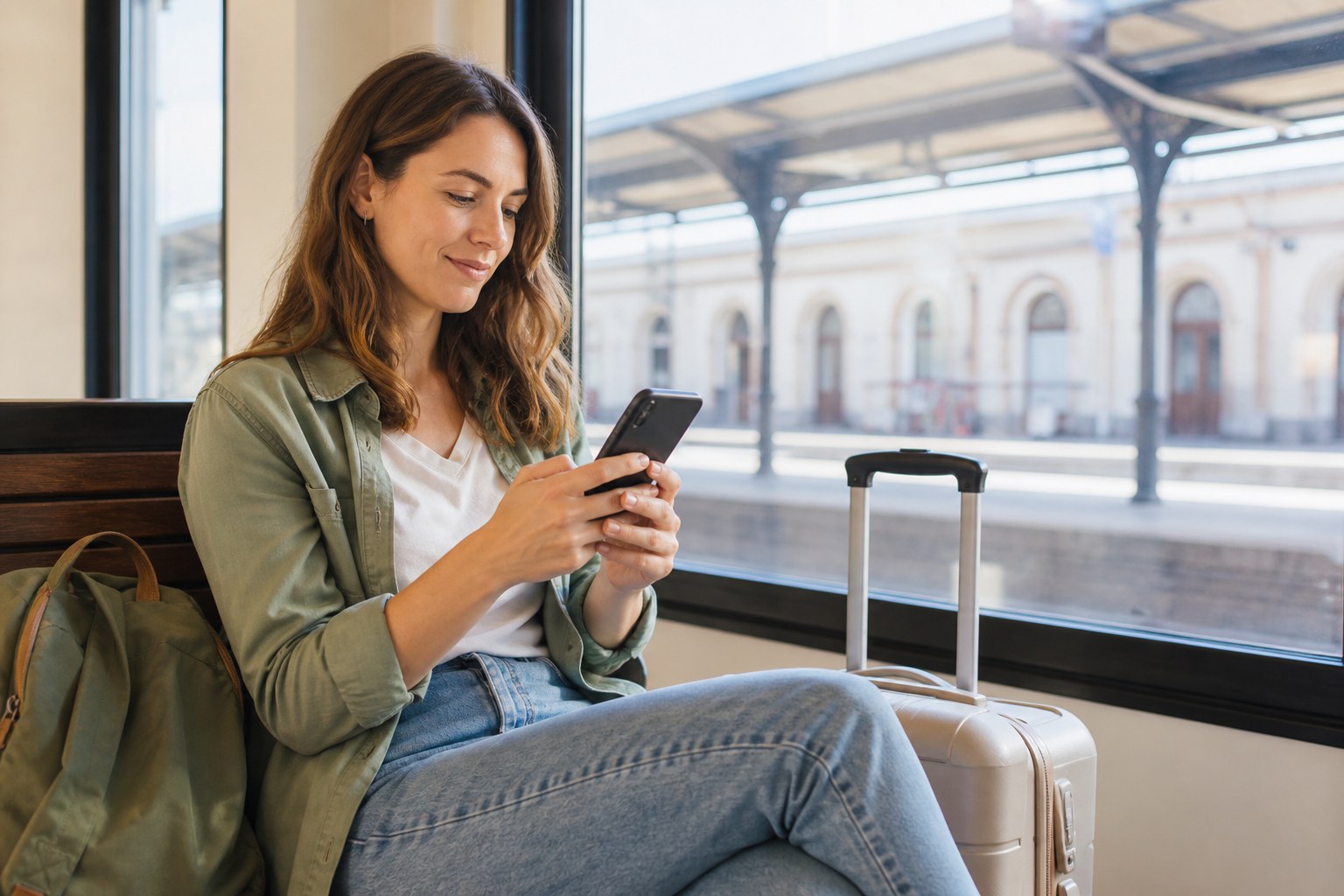 A traveler sets up an eSIM on her phone beside luggage at a railway station.