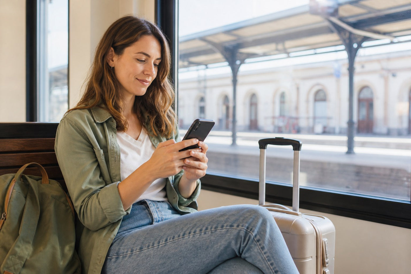 A traveler sets up an eSIM on her phone beside luggage at a railway station.